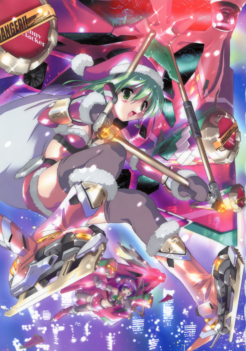 2girls :d absurdres aircraft black_legwear copyright_request flying glider gloves green_eyes green_hair hang_gliding highres ice_skates komatsu_eiji multiple_girls open_mouth party_popper purple_hair sack santa_costume skates smile thighhighs