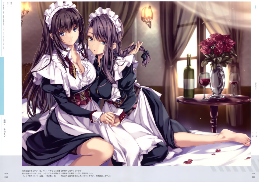 2girls absurdres azur_lane blue_eyes blush bottle bow braid breasts cleavage corset cup curacoa_(azur_lane) curlew_(azur_lane) curtains day dress drinking_glass flower frills hair_between_eyes hairbow highres holding holding_own_hair indoors jewelry juliet_sleeves large_breasts light long_hair long_sleeves maid maid_headdress monety multiple_girls official_art open_mouth puffy_sleeves purple_hair red_flower red_rose rose scan sidelocks single_braid sleeve_cuffs smile translation_request vase window wine_glass