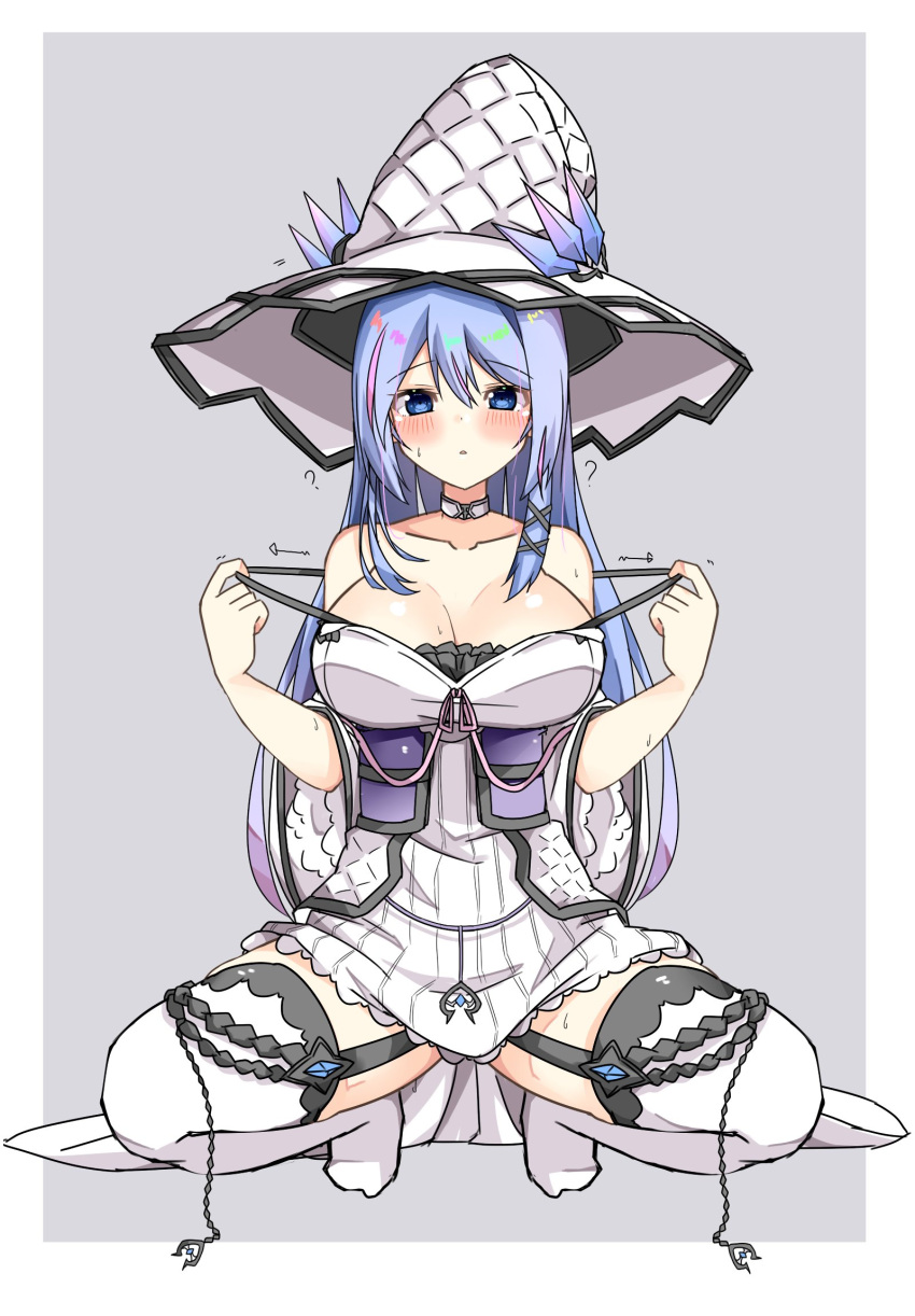 ? blue_eyes blue_hair blush breasts choker cleavage dress duel_monster female garter_straps grey_background hat highres japanese_clothes large_breasts long_hair raion_(inoueraion) rilliona_(yu-gi-oh!) rilliona_the_magistus_of_verre solo squatting strap_pull thighhighs white_dress white_thighhighs wide_sleeves witch_hat yu-gi-oh!