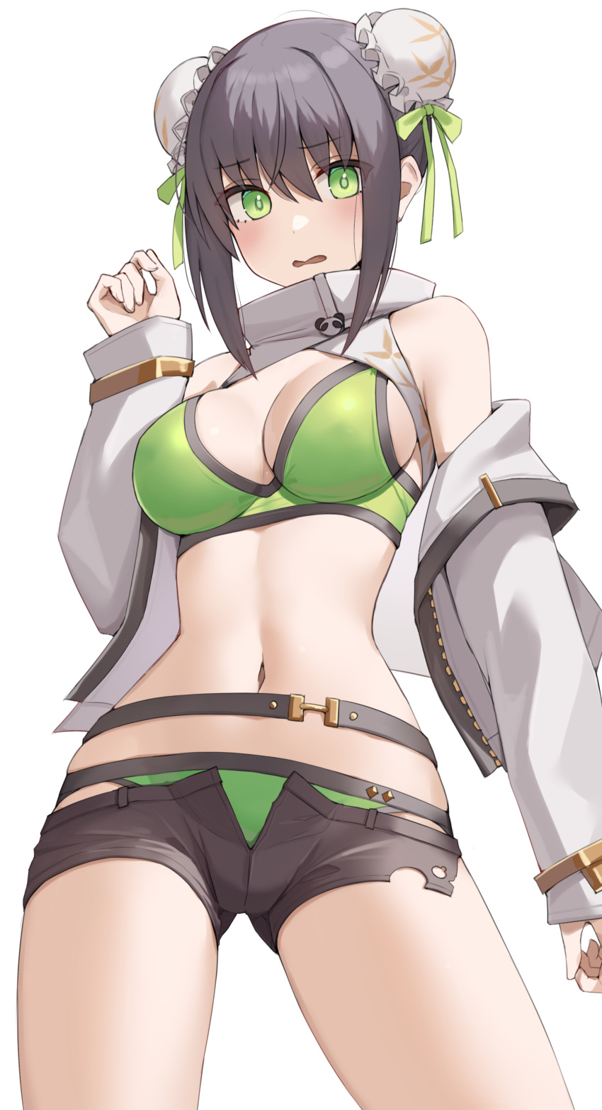 absurdres bare_shoulders belt bikini black_hair black_shorts breasts bun_cover cleavage collarbone double_bun fate/grand_order fate_(series) female green_bikini green_eyes green_ribbons hair_bun hair_ribbon highres jacket kopaka_(karda_nui) large_breasts long_sleeves looking_at_viewer navel open_clothes open_jacket open_mouth qin_liangyu_(chainsaw_of_the_dead)_(fate) qin_liangyu_(fate) ribbon short_shorts shorts sidelocks solo swimsuit thighs white_jacket