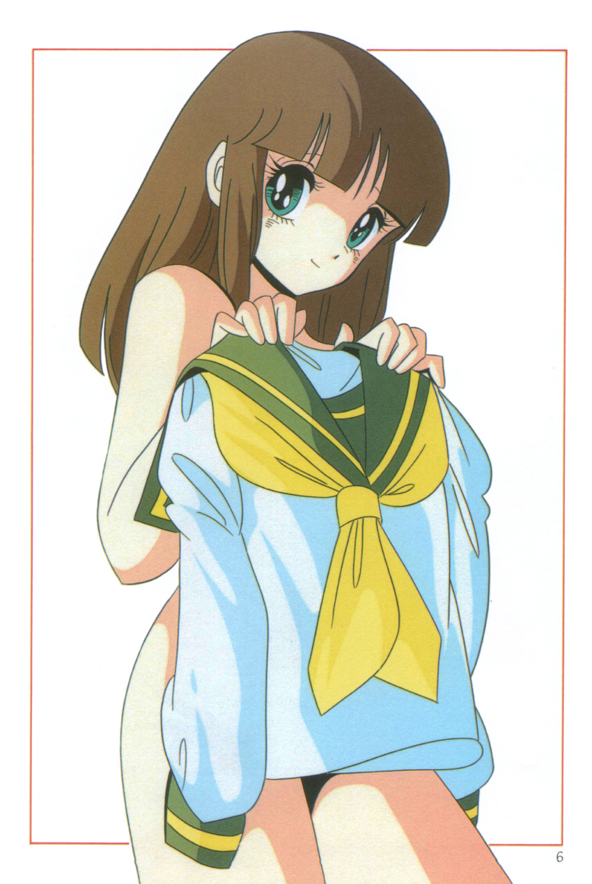 1980s_(style) absurdres aqua_eyes brown_hair cream_lemon escalation female framed_image highres holding holding_clothes holding_shirt komatsuzaki_rie long_hair looking_at_viewer non-web_source official_art photoshop_(medium) retro_artstyle scan shirt smile solo