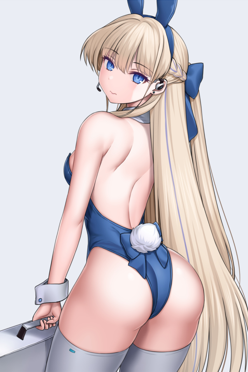 animal_ears asamura_hiori ass back bare_shoulders blonde_hair blue_archive blue_eyes blue_leotard blush braid breasts briefcase detached_collar earpiece fake_animal_ears fake_tail female hair_ribbon half_up_braid half_up_half_down_braid highleg highleg_leotard highres leotard long_hair looking_at_viewer looking_back md5_mismatch official_alternate_costume playboy_bunny rabbit_ears rabbit_tail ribbon small_breasts solo strapless strapless_leotard tail thighhighs thighs toki_(blue_archive) toki_(bunny)_(blue_archive) very_long_hair white_thighhighs wrist_cuffs