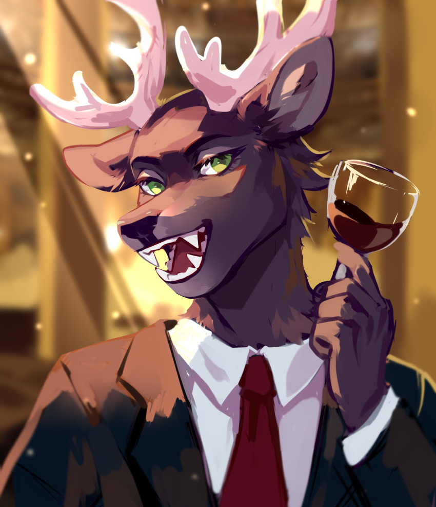 absurd_res anthro antlers black_clothing black_jacket black_nose black_topwear blurred_background brown_body brown_fur clothed clothing container corzh77 cup deer drinking_glass eyelashes fangs front_view fur glass glass_container glass_cup glistening glistening_eyes green_eyes half-length_portrait hi_res holding_wine_glass horn jacket jewelry looking_at_viewer male mammal necklace open_mouth portrait red_jewelry red_necklace red_tongue solo teeth tongue topwear unsigned white_antlers white_clothing white_topwear wine_glass