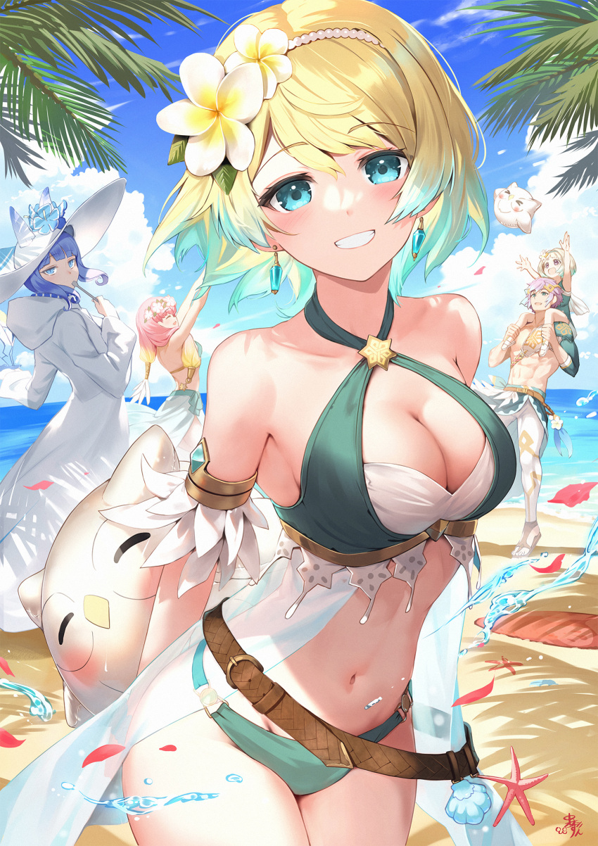 1boy 4girls aqua_bikini bare_shoulders beach bikini blonde_hair blue_hair breasts cleavage commentary feh_(fire_emblem_heroes) fire_emblem fire_emblem_heroes fjorm_(fire_emblem) fjorm_(summer)_(fire_emblem) gradient_hair gunnthra_(fire_emblem) gunnthra_(summer)_(fire_emblem) hair_ornament hat highres hrid_(fire_emblem) jewelry long_sleeves medium_breasts multicolored_hair multiple_girls nakabayashi_zun navel nifl_(fire_emblem) nifl_(summer)_(fire_emblem) ocean official_alternate_costume outdoors sun_hat swimsuit ylgr_(fire_emblem) ylgr_(summer)_(fire_emblem)