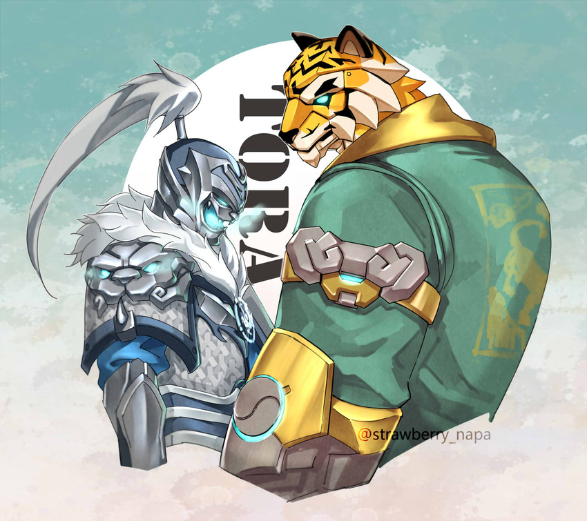 armor blizzard_entertainment bob_(overwatch) clothed clothing cybernetics cyborg duo felid genji_(overwatch) glowing glowing_eyes hi_res human machine male mammal overwatch pantherine robot simple_background strawberry_napa tiger yellow_body