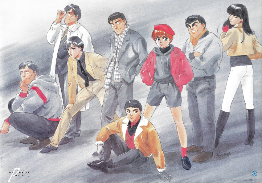 1980s_(style) 3girls 5boys absurdres adjusting_eyewear black_hair blunt_bangs boots business_suit casual character_name copyright_name cropped_jacket crossed_arms earrings formal gotou_kiichi grin hand_on_own_knee hands_in_pockets hat head_rest highres hood hoodie izumi_noa jacket jewelry kanuka_clancy kidou_keisatsu_patlabor knee_boots kumagami_takeo lab_coat legs_apart long_hair long_sleeves looking_at_viewer multiple_boys multiple_girls necktie non-web_source official_art oota_isao open_clothes open_jacket painting_(medium) pants plaid plaid_scarf poster_(medium) red_hair red_headwear retro_artstyle scan scarf shinohara_asuma shinshi_mikiyasu short_hair shorts smile squatting standing suit takada_akemi traditional_media watercolor_(medium) yamazaki_hiromi