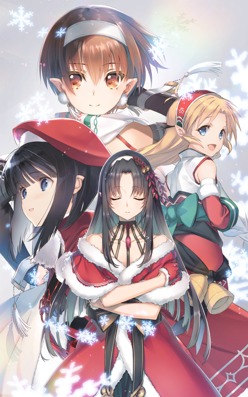 4girls bare_shoulders bell black_hair blonde_hair blue_eyes brown_eyes brown_hair choker earrings hat headband highres jewelry kashiwagi_azusa kashiwagi_chizuru kashiwagi_hatsune kashiwagi_kaede kawata_hisashi kizuato long_hair mitsumi_misato multiple_girls nakamura_takeshi official_art pointy_ears santa_costume scarf short_hair snowflakes tatami_to_hinoki utawarerumono utawarerumono:_lost_flag