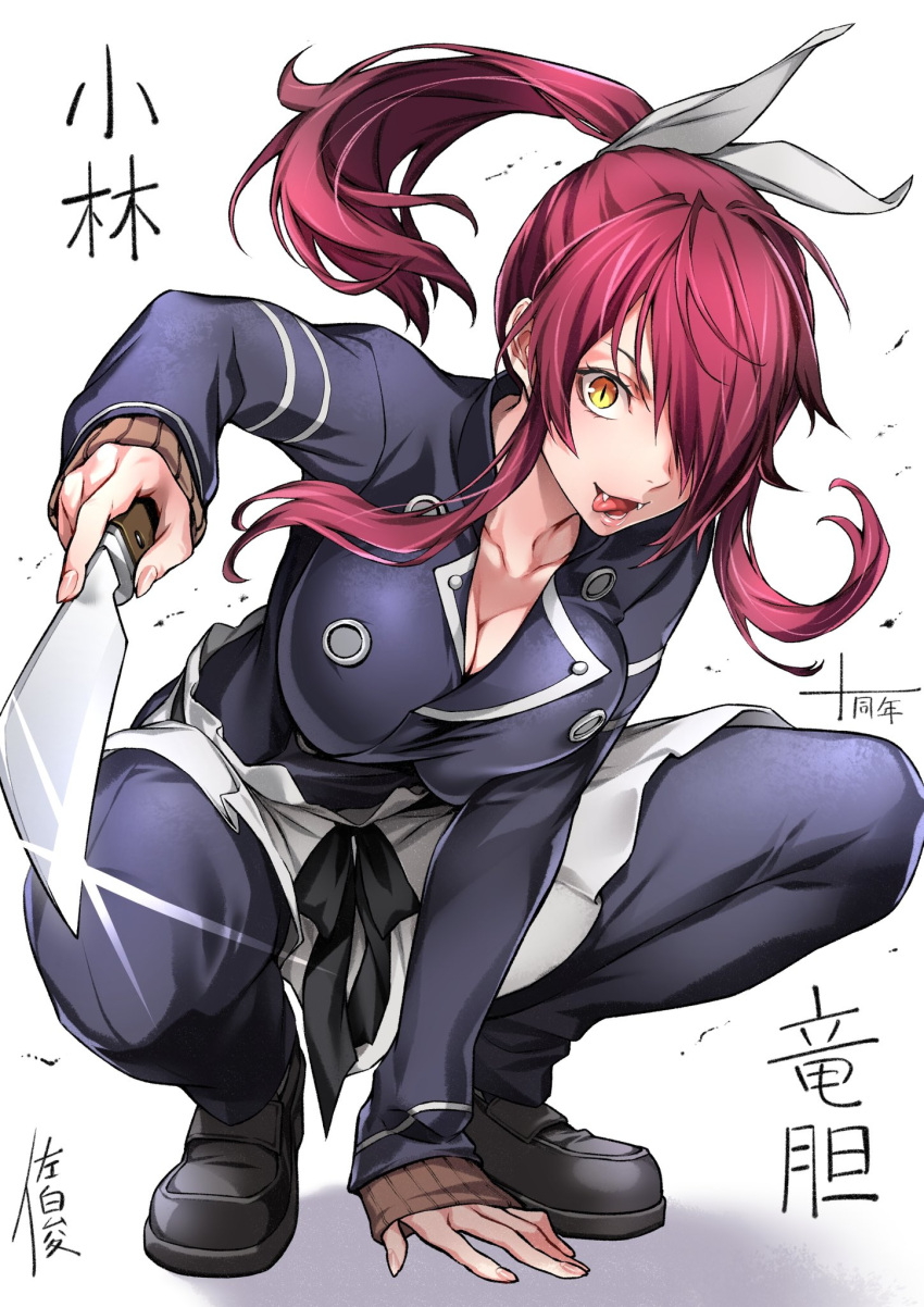 black_jacket breasts cleavage collarbone fangs female grey_ribbon hair_over_one_eye hair_ribbon highres holding holding_knife jacket knife kobayashi_rindou large_breasts long_hair long_sleeves looking_at_viewer ponytail red_hair ribbon saeki_shun school_uniform shoes shokugeki_no_souma simple_background sleeves_past_wrists slit_pupils solo squatting teeth tongue tongue_out translation_request white_background yellow_eyes