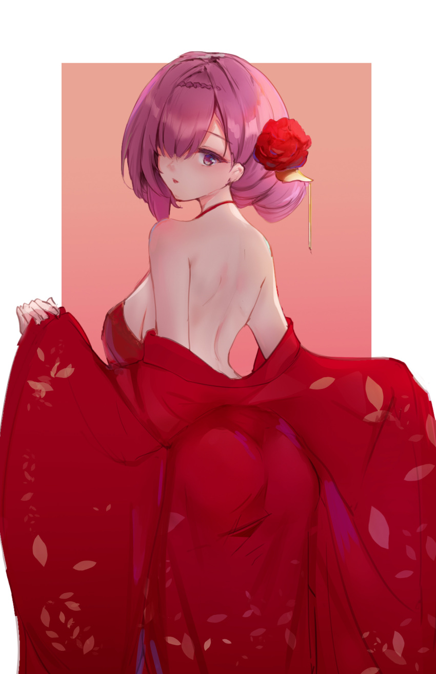 absurdres azur_lane bare_back breasts chinese_clothes female flower from_behind hair_flower hair_ornament hair_over_one_eye highres medium_breasts medium_hair nightgown official_alternate_costume penelope_(azur_lane) penelope_(ruby-red_boudoir)_(azur_lane) purple_eyes purple_hair red_flower solo usagi_(786113654)