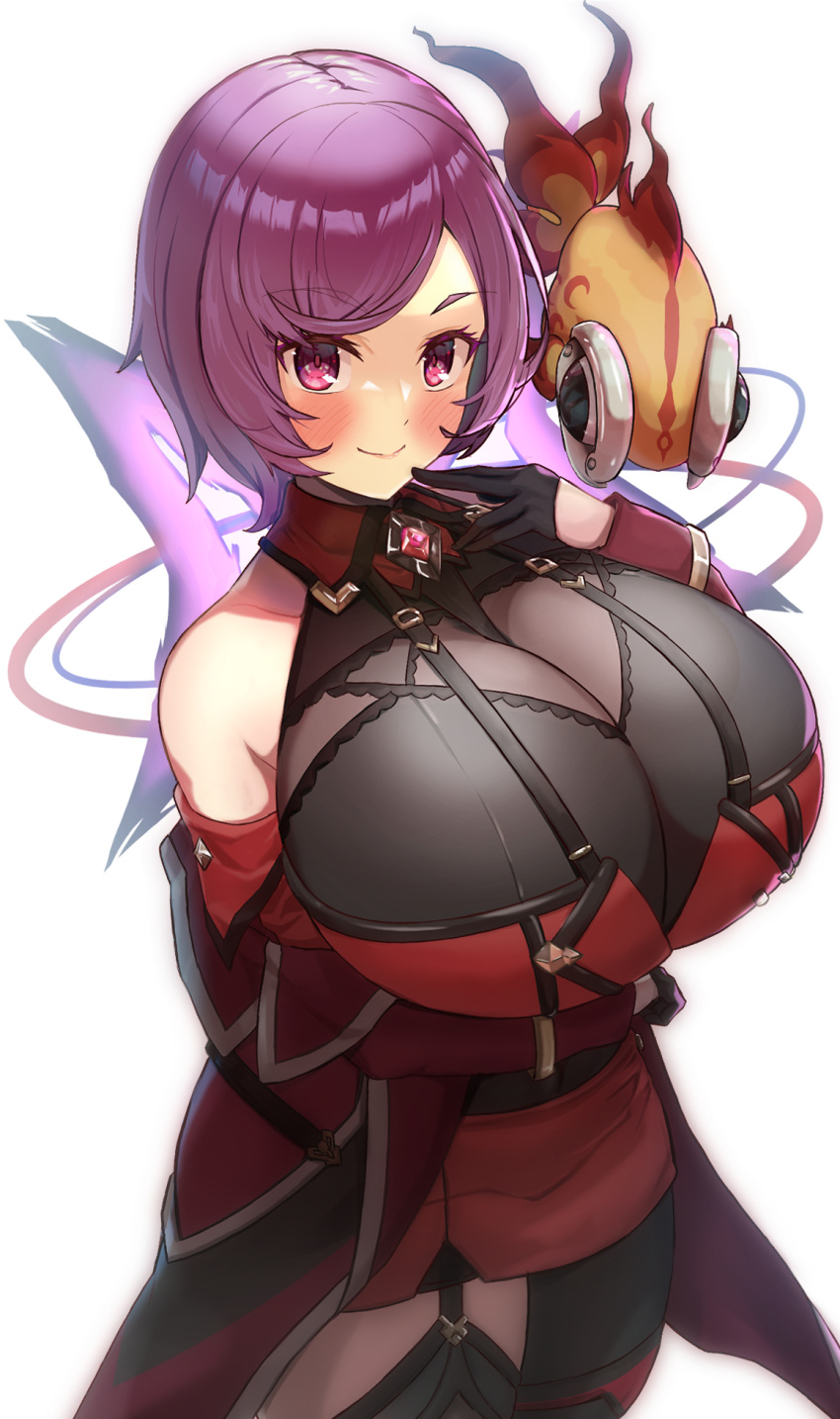 aged_up arm_under_breasts bare_shoulders between_breasts black_gloves black_pantyhose black_thighhighs blush bodystocking breasts capelet chi-yu_(pokemon) cleavage closed_mouth coat collarbone commentary_request courtney_(pokemon) cowboy_shot female garter_straps gem gloves half_gloves hand_up highres hizakake huge_breasts long_sleeves looking_at_viewer miniskirt off-shoulder_coat off_shoulder open_clothes open_coat pantyhose pokemon pokemon_(creature) pokemon_oras purple_eyes purple_hair red_capelet red_gemstone red_skirt see-through see-through_cleavage short_hair sidelocks simple_background single_leg_pantyhose skindentation skirt smile standing strap_between_breasts swept_bangs thighhighs white_background