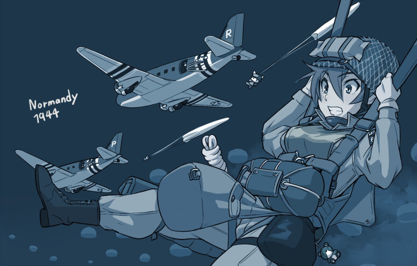 aircraft airplane blue_theme boots c-47 d-day female gloves helmet invasion_of_normandy invasion_stripes mikoyan military military_uniform original parachute paratrooper sky soldier uniform weapon world_war_ii