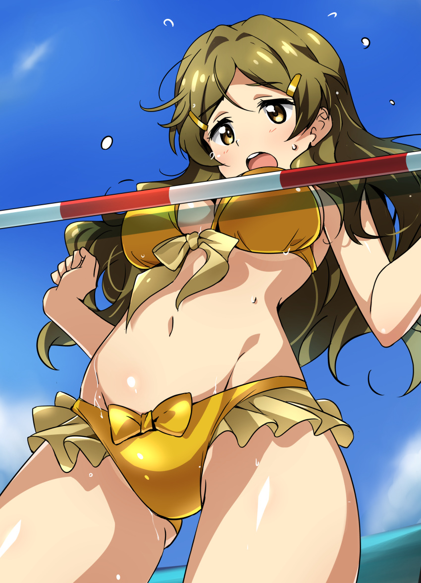 absurdres bikini blonde_hair blush breasts brown_eyes cleavage female frilled_bikini frills gold_bikini hair_ornament hairclip highres large_breasts long_hair navel open_mouth pole shinomiya_himawari solo swimsuit tokiani vividred_operation yellow_bikini