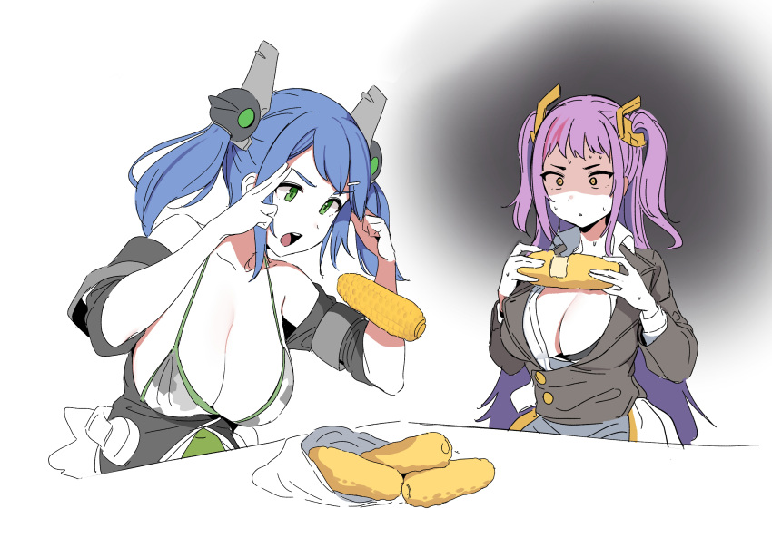 2girls bikini bikini_top_only breasts cleavage corn corn_cob dickbomber djinnia_(last_origin) finger_to_head floating floating_object food green_eyes hair_ornament hairclip headgear highres holding holding_food jacket korean_commentary large_breasts last_origin long_hair man_levitating_pizza_(meme) meme multiple_girls parted_lips photo-referenced purple_eyes shaded_face simple_background sweat swimsuit sylphid_(last_origin) table telekinesis twintails two_side_up vegetable yellow_eyes you're_doing_it_wrong