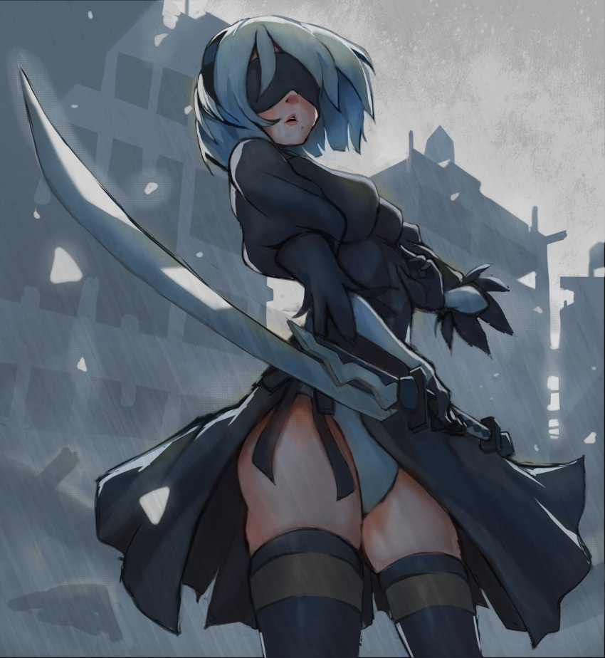 2b_(nier:automata) absurdres back_cutout black_blindfold black_dress black_gloves black_hairband black_thighhighs blindfold boots breasts cleavage_cutout clothing_cutout dress feather-trimmed_sleeves feather_trim female gloves hairband highres holding holding_sword holding_weapon juliet_sleeves katana leotard long_sleeves medium_breasts mole mole_under_mouth nier:automata nier_(series) puffy_sleeves short_hair solo sword thighhighs thighhighs_under_boots virtuous_contract weapon white_hair white_leotard yukimakingart