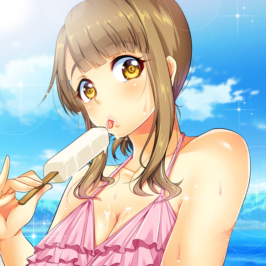 bikini blunt_bangs breasts brown_hair cloud commentary_request day dripping eating female food food_on_body frilled_bikini frills highres ice_cream kannagi_shiori lens_flare long_hair looking_at_viewer medium_breasts pink_bikini pinky_out school_girl_strikers sendou_hachi sky solo sparkle sweat swimsuit tongue tongue_out upper_body yellow_eyes