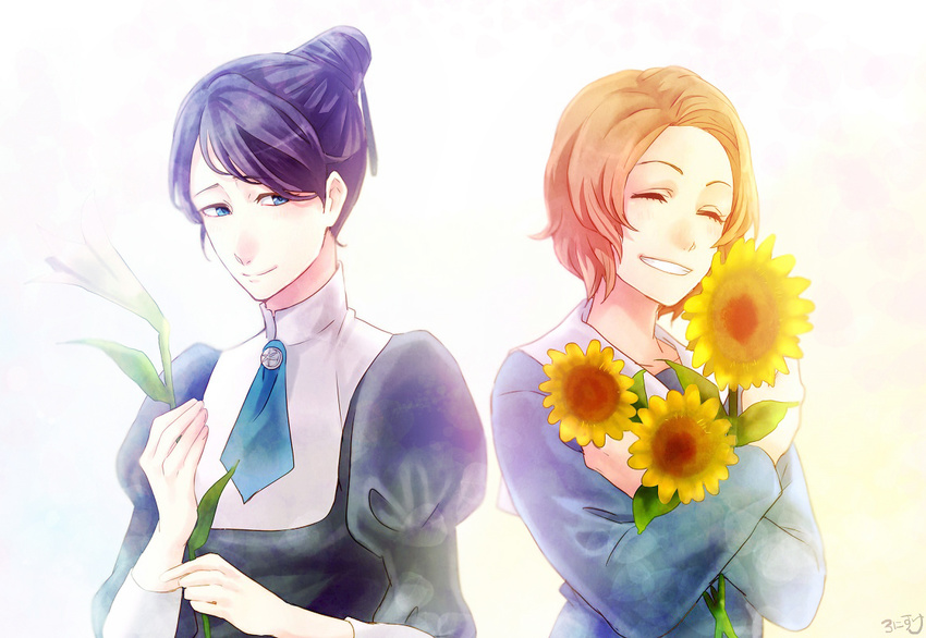 2girls bad_id bad_pixiv_id black_hair bleach blue_eyes closed_eyes flower hair_bun juliet_sleeves katagiri_kanae kurosaki_masaki long_sleeves multiple_girls orange_hair photoshop_(medium) puffy_sleeves ronisuke short_hair single_hair_bun smile sunflower