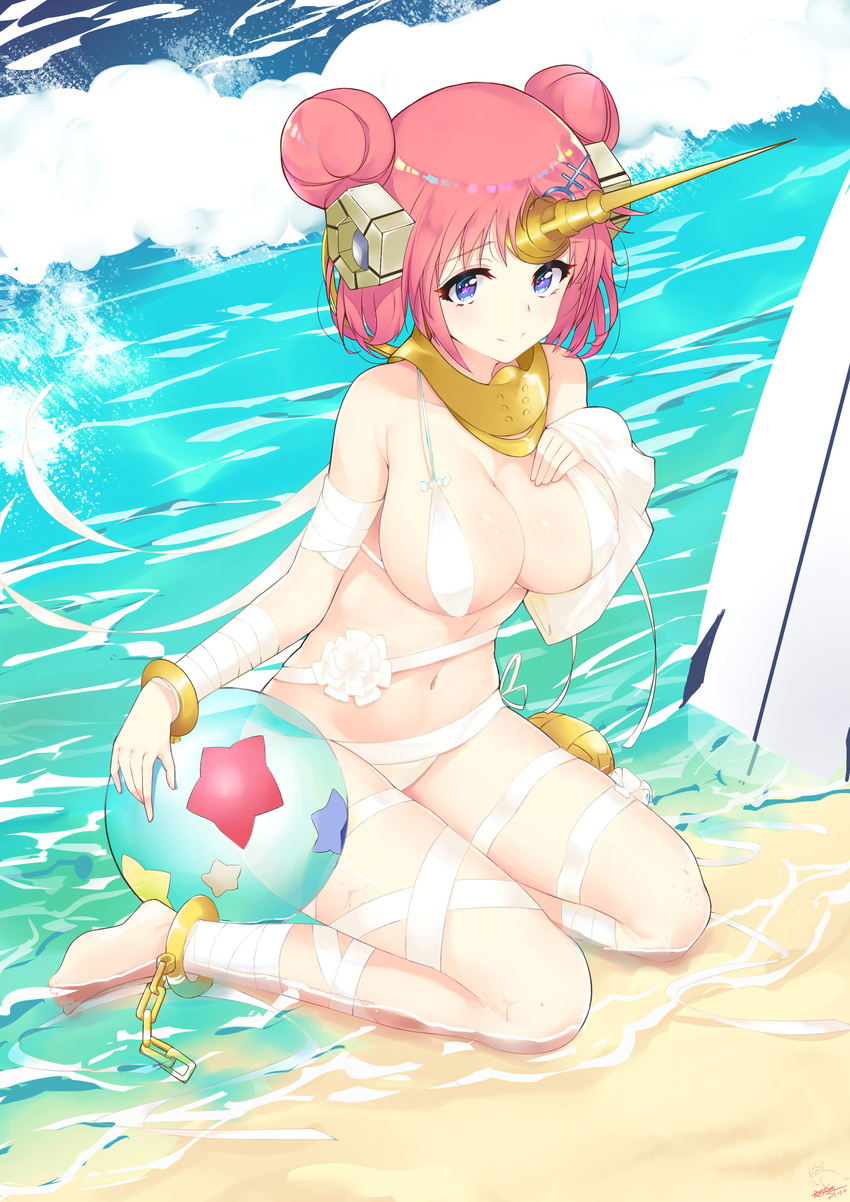 absurdres ball bandages beach beachball bikini blue_eyes blush breasts cleavage closed_mouth commentary_request day double_bun dutch_angle fate/apocrypha fate/grand_order fate_(series) female frankenstein's_monster_(fate) frankenstein's_monster_(swimsuit_saber)_(fate) frankenstein's_monster_(swimsuit_saber)_(third_ascension)_(fate) hair_bun hand_on_own_chest highres horns large_breasts looking_at_viewer mechanical_horns navel outdoors peng_yong photoshop_(medium) purple_hair short_hair single_horn sitting smile solo surfboard swimsuit tareme thighs wariza white_bikini