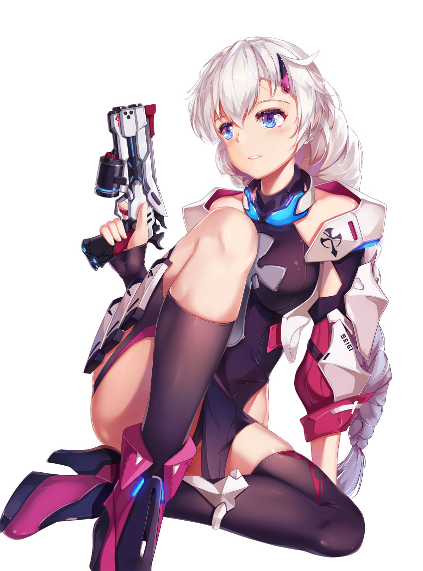 absurdres black_legwear blue_eyes bodysuit boots braid breasts chinese_commentary commentary_request dual_wielding female goggles goggles_around_neck gun handgun high_heel_boots high_heels highres holding holding_gun holding_weapon honkai_(series) honkai_impact_3rd kallen_kaslana kallen_kaslana_(ritual_imayoh) large_breasts long_hair looking_at_viewer single_sock single_thighhigh sitting skindentation socks solo thighhighs tied_hair transparent_background weapon white_hair zomzomzomsauce