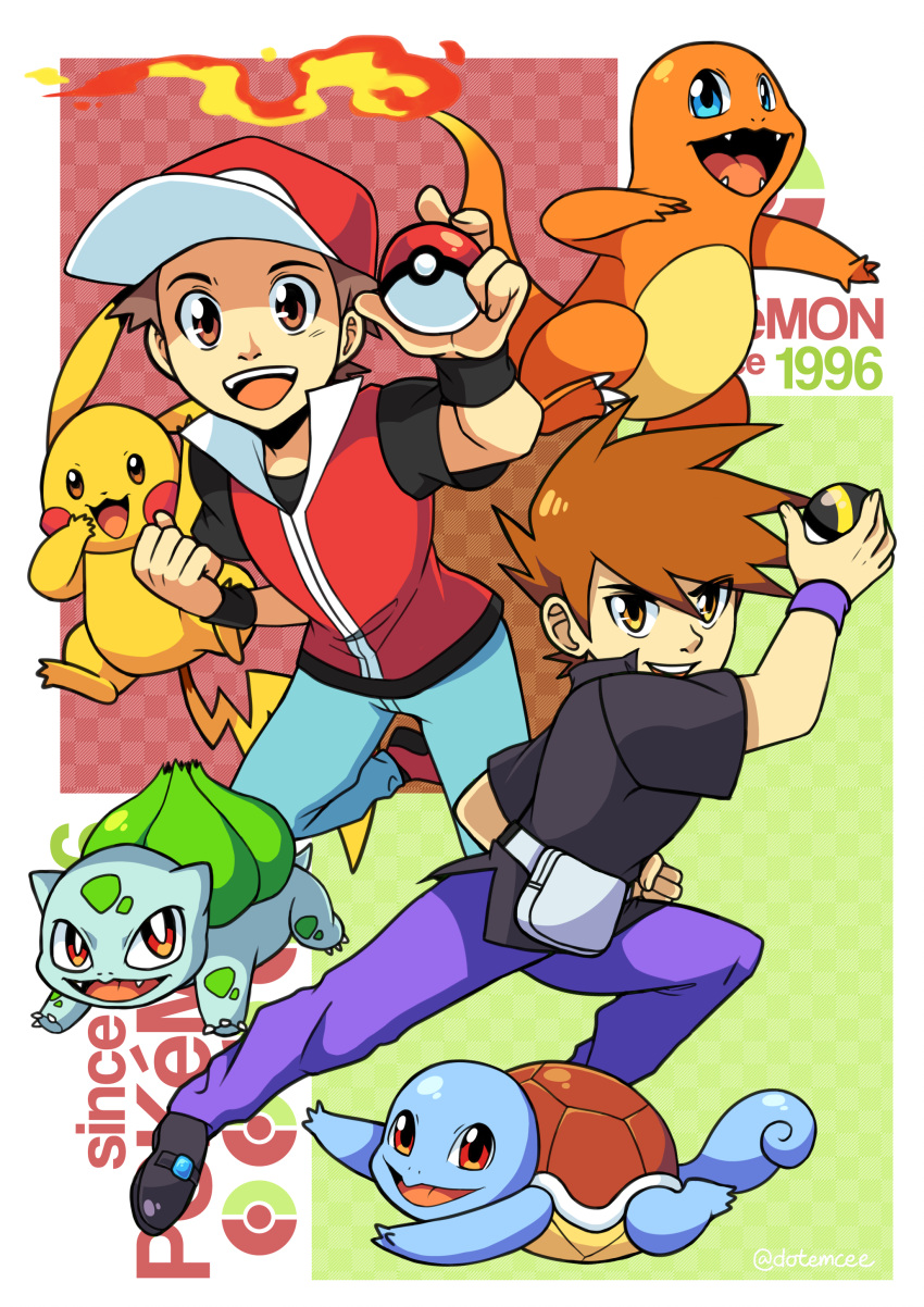 2boys absurdres bad_deviantart_id bad_id ball baseball_cap belt black_footwear blue_eyes blue_oak blue_pants brown_eyes brown_hair buckle bulbasaur charmander checkered_background commentary emcee english_text fangs fiery_tail fire full_body hat highres holding holding_ball holding_poke_ball jewelry long_sleeves looking_at_viewer male_focus multiple_boys orange_eyes pants parody pendant pikachu poke_ball poke_ball_(basic) pokemon pokemon_(creature) pokemon_frlg purple_pants red_(pokemon) red_eyes shoes short_sleeves signature spiked_hair squirtle starter_pokemon_trio style_parody tail ultra_ball yellow_eyes