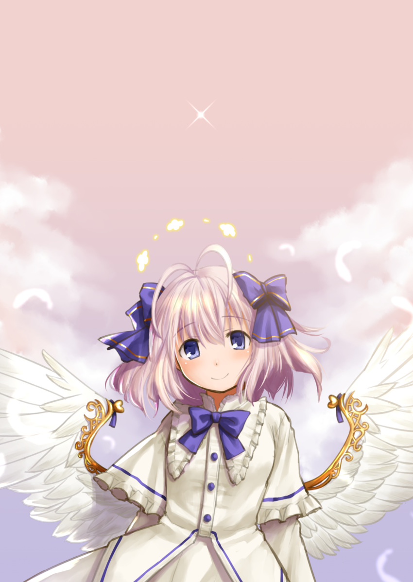 angel angel_feather_alma antenna_hair bad_id bad_pixiv_id blue_eyes bow commentary_request dress emil_chronicle_online feathered_wings female flat_chest hairbow halo highres kasuga_yukihito light_purple_hair low_wings short_hair smile solo white_dress white_wings wings