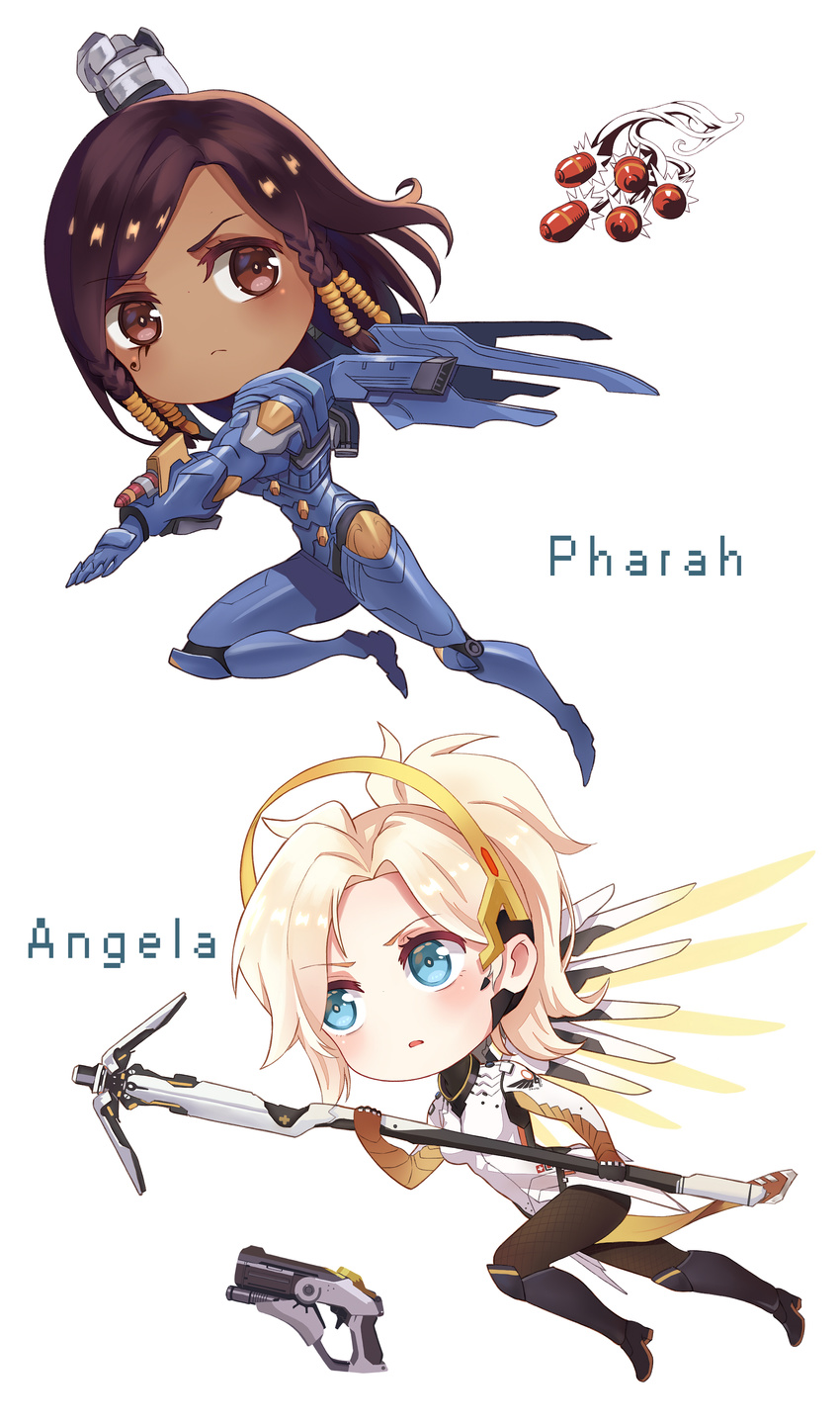 bodysuit gun mercy_(overwatch) overwatch pantyhose pharah tattoo weapon wings yuhuan