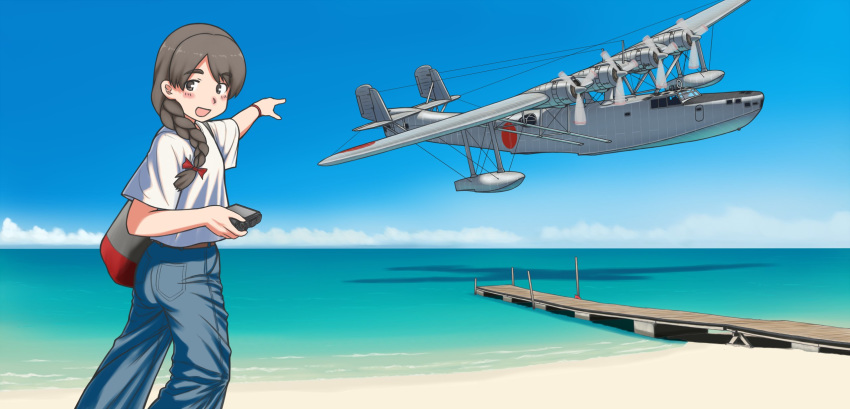 aircraft airplane bag blue_sky braid brown_eyes brown_hair camera cloud day denim dock feet_out_of_frame female flying_boat h6k hair_over_shoulder highres horizon jeans kantai_collection long_hair ocean open_mouth outdoors pants pointing porusasu shadow shirt single_braid sky solo thick_eyebrows uranami_(kancolle) vehicle_focus white_shirt