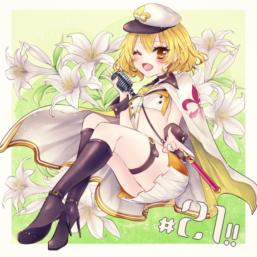 ;d bad_hands belt black_footwear blonde_hair boots breasts brown_eyes cape capelet cloak commentary_request female fleur-de-lis flower_knight_girl full_body green_background hat high_heel_boots high_heels highres knee_boots leg_belt looking_at_viewer microphone midriff nako_(7cona5) one_eye_closed open_mouth short_hair sitting small_breasts smile solo white_cape white_hat wrist_cuffs yuri_(flower_knight_girl)