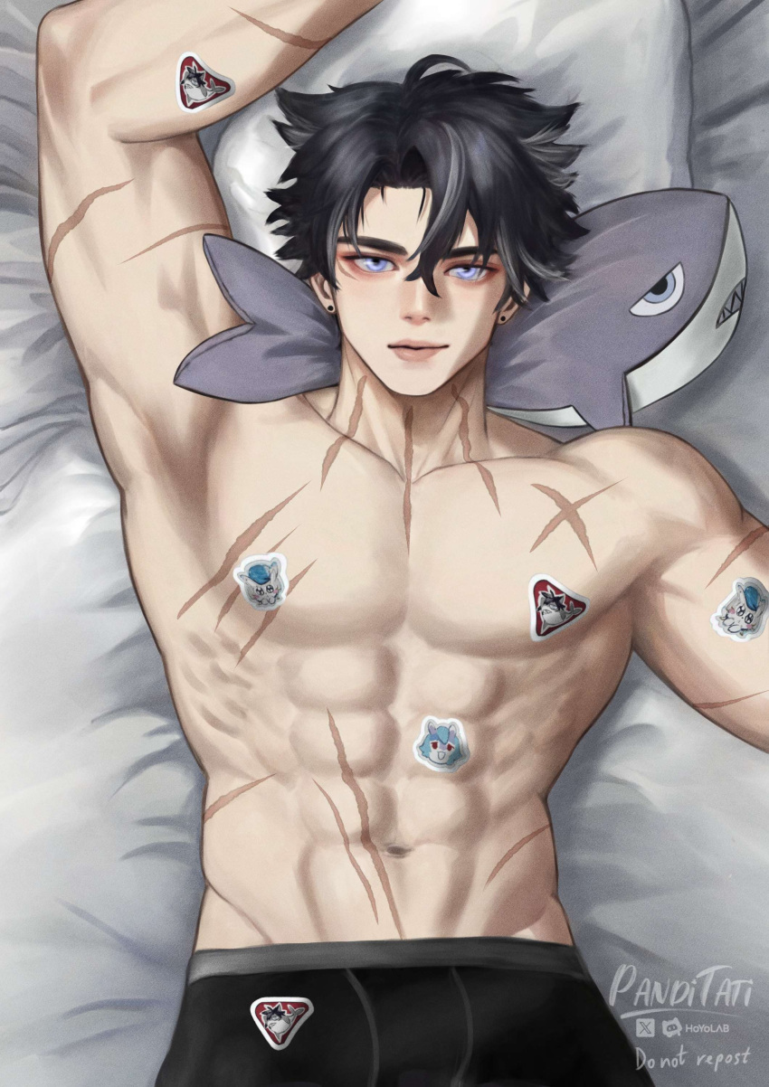 abs genshin_impact lying lying_down lying_on_back lying_on_bed male male_focus male_only muscles muscular muscular_male panditati pecs pectorals wriothesley_(genshin_impact)