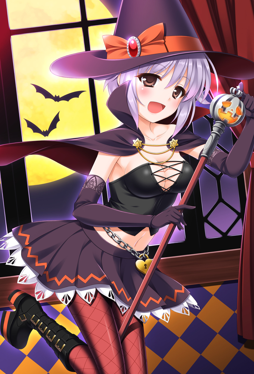 :d absurdres belt breasts brown_eyes cape cleavage commentary_request elbow_gloves female gloves halloween hat highres idolmaster idolmaster_cinderella_girls koshimizu_sachiko medium_breasts navel nicci open_mouth pantyhose purple_hair short_hair skirt smile solo staff witch_hat