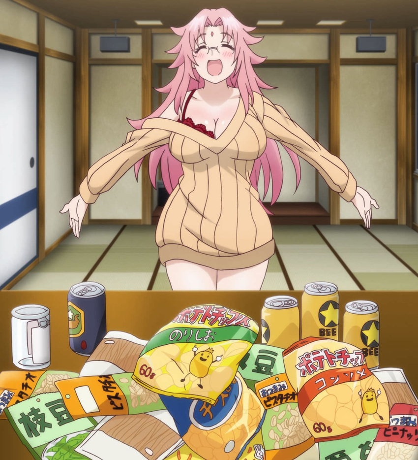 anime_screenshot arahabaki_nonko beer_can bra breasts can chips_(food) cleavage closed_eyes drink_can female food glasses highres indoors long_hair pink_hair potato_chips snack solo stitched third-party_edit translated underwear yuragisou_no_yuuna-san