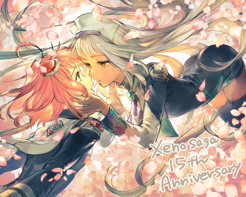 2girls ahoge anniversary bent_over black_dress black_legwear bomssp cherry_blossoms commentary_request dark-skinned_female dark_skin dress eye_contact grey_hair hair_ornament hands_on_another's_face hat highres imminent_kiss kirschwasser long_hair looking_at_another m.o.m.o. multiple_girls open_mouth petals photoshop_(medium) pink_hair short_dress short_hair thighhighs very_long_hair wind xenosaga yellow_eyes