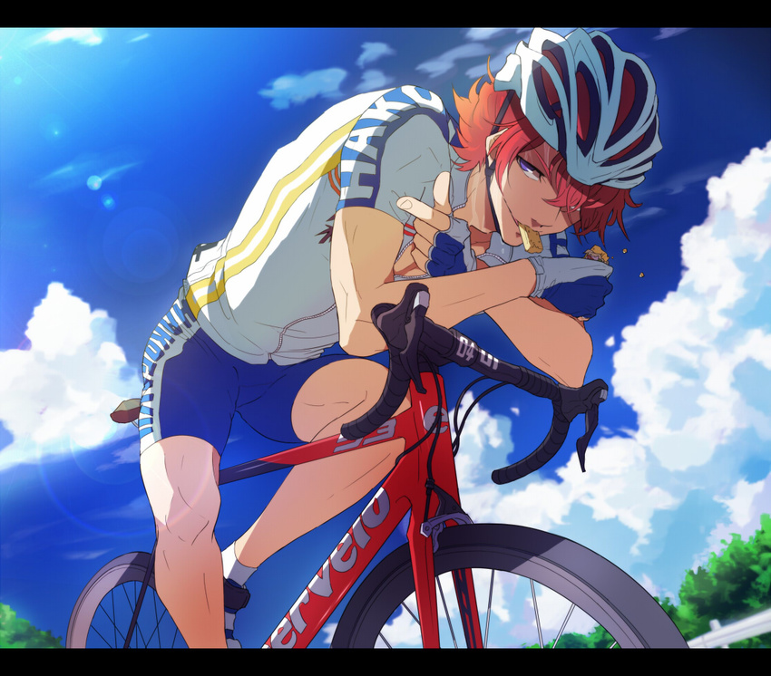 1boy bicycle bicycle_helmet bike_shorts cloud commentary_request cycling_uniform day eating fingerless_gloves food food_in_mouth gloves half-closed_eyes helmet lens_flare letterboxed male_focus mouth_hold outdoors purple_eyes red_hair shinkai_hayato sky smile solo sportswear yowamushi_pedal yukihime_(mofumofu2225)