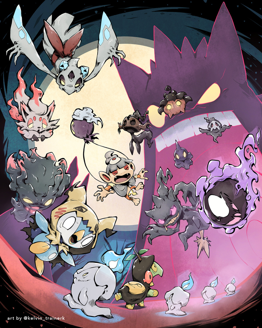 banette blue_fire carrying chimchar commentary cosplay drifloon dusclops dusclops_(cosplay) duskull english_commentary fire froslass gastly gengar gigantamax gigantamax_gengar glowing glowing_eyes highres hisuian_zorua kelvin-trainerk litwick mimikyu mimikyu_(cosplay) misdreavus no_humans open_mouth phantump piplup pokemon pokemon_(creature) pumpkaboo shuppet smile tongue turtwig twitter_username yamask yamask_(cosplay) yellow_eyes