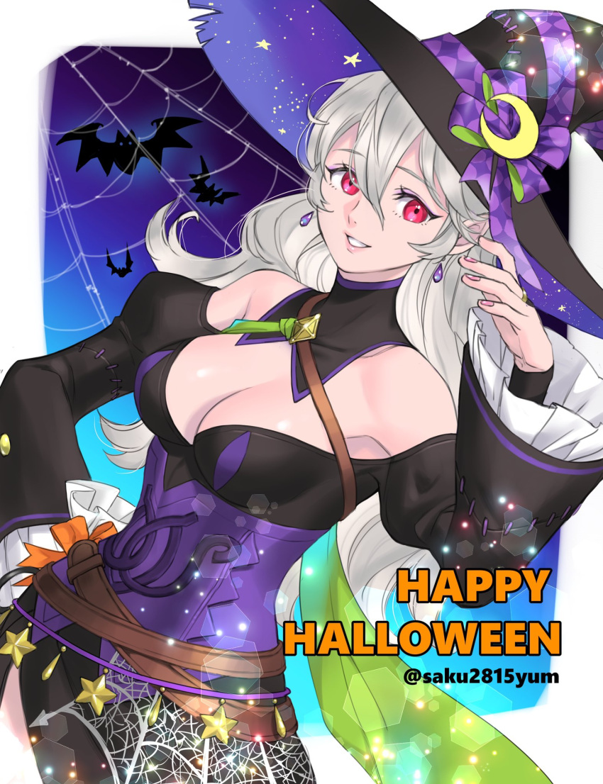 breasts cleavage corrin_(female)_(fire_emblem) corrin_(female)_(halloween)_(fire_emblem) corrin_(fire_emblem) earrings female fire_emblem fire_emblem_fates fire_emblem_heroes hair_between_eyes hairband halloween halloween_costume hat highres jewelry large_breasts long_hair official_alternate_costume pointy_ears protected_link red_eyes smile tombsakura wavy_hair white_hair witch witch_hat