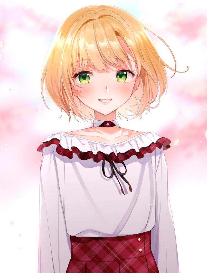 1boy black_ribbon blonde_hair blouse blush collarbone detached_collar green_eyes grin highres looking_at_viewer male_focus nijisanji njcccsj otoko_no_ko ribbon shirt short_hair smile solo standing suzuya_aki suzuya_aki_(1st_costume) upper_body virtual_youtuber white_shirt