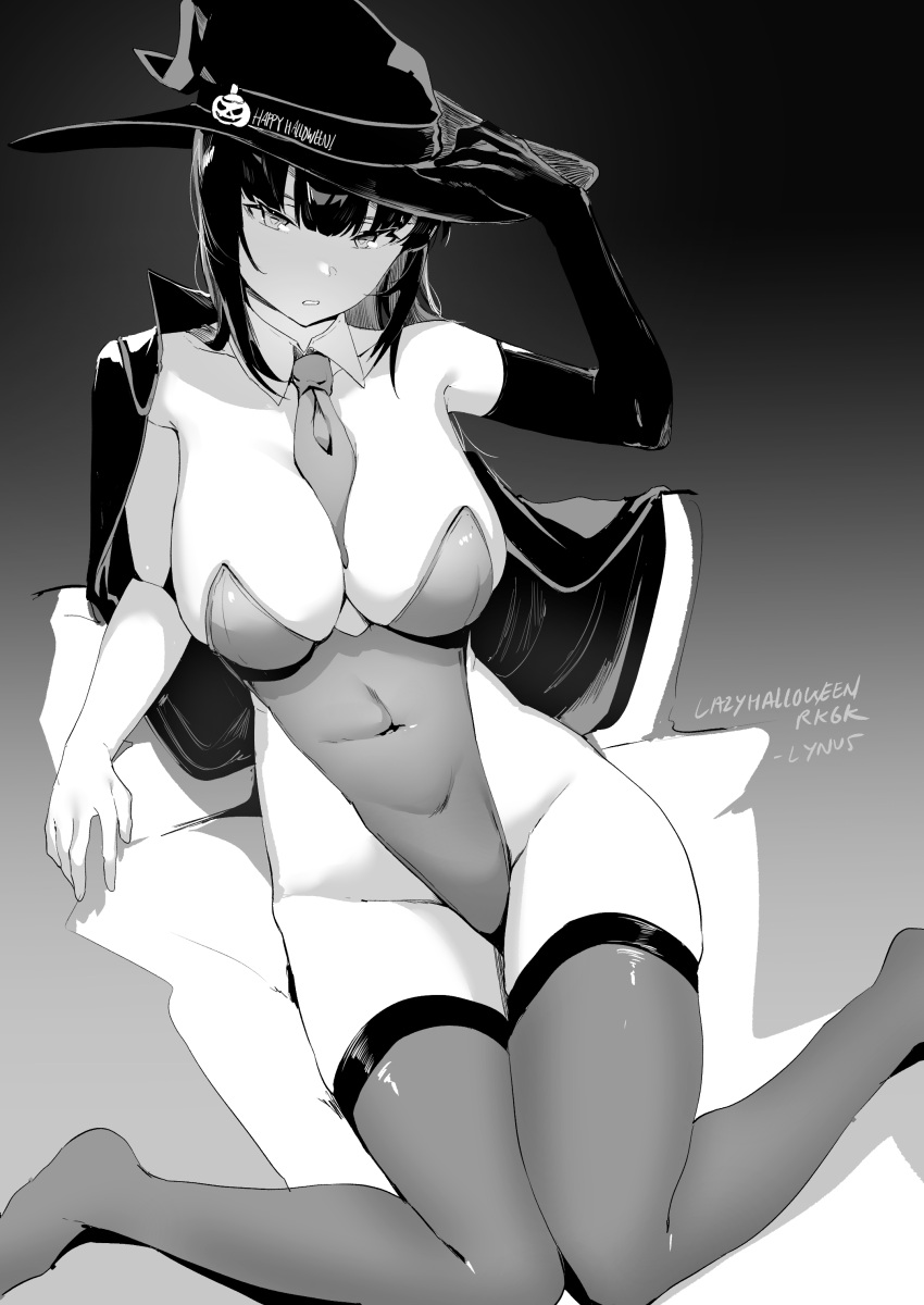 absurdres between_breasts breasts commentary covered_navel detached_collar elbow_gloves female gloves gradient_background greyscale groin hand_on_headwear happy_halloween hat highleg highleg_leotard highres jacket jacket_on_shoulders large_breasts leotard long_hair looking_at_viewer lynus monochrome naoko_(lynus) necktie necktie_between_breasts original parted_lips signature single_elbow_glove sitting solo thighhighs witch_hat