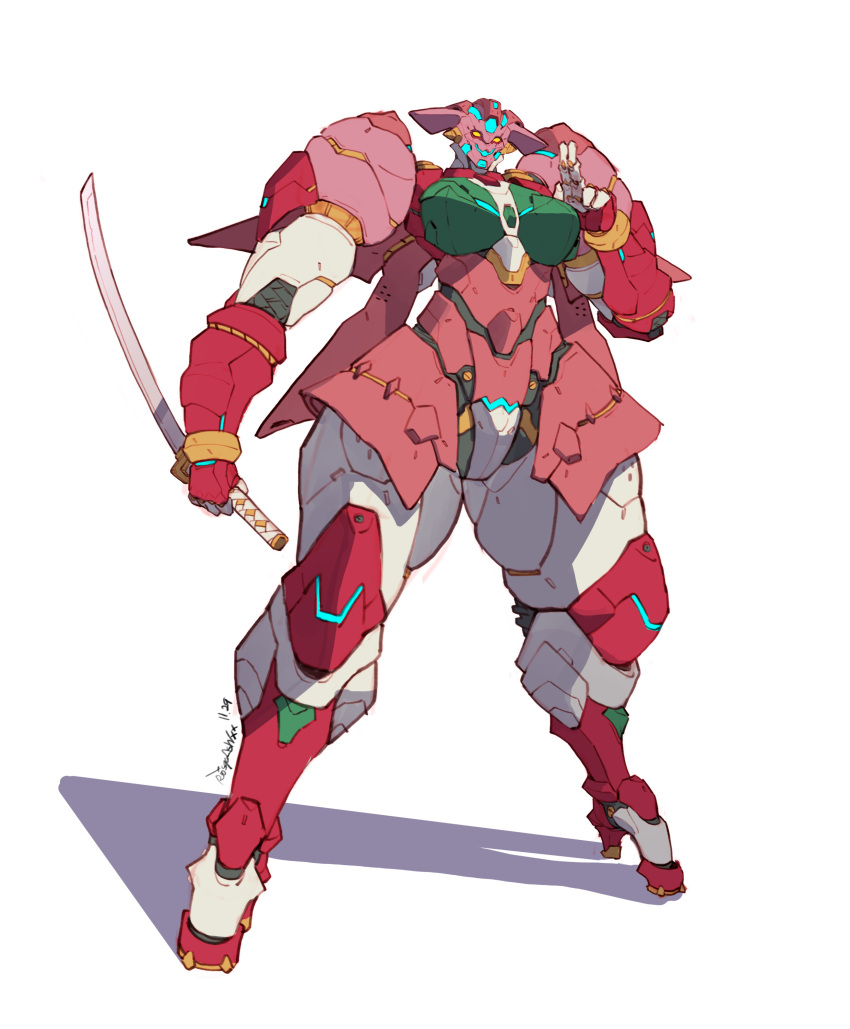 absurdres breasts commentary dated english_commentary full_body gesture_request getter_rekka getter_robo getter_robo_daikessen! highres holding holding_sword holding_weapon katana large_breasts legs_apart looking_at_viewer mar10 mecha reverse_grip robot salute science_fiction shadow signature simple_background solo standing super_robot sword weapon white_background yellow_eyes