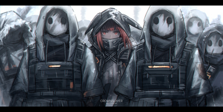 6+others absurdres ambiguous_gender animal_ears arknights artist_name body_armor character_name commentary crownslayer_(arknights) english_commentary female franlol fur-trimmed_hood fur_trim highres hood hood_up jacket layered_clothes letterboxed mask multiple_others red_eyes red_hair reunion_soldier_(arknights) short_hair short_sleeves upper_body