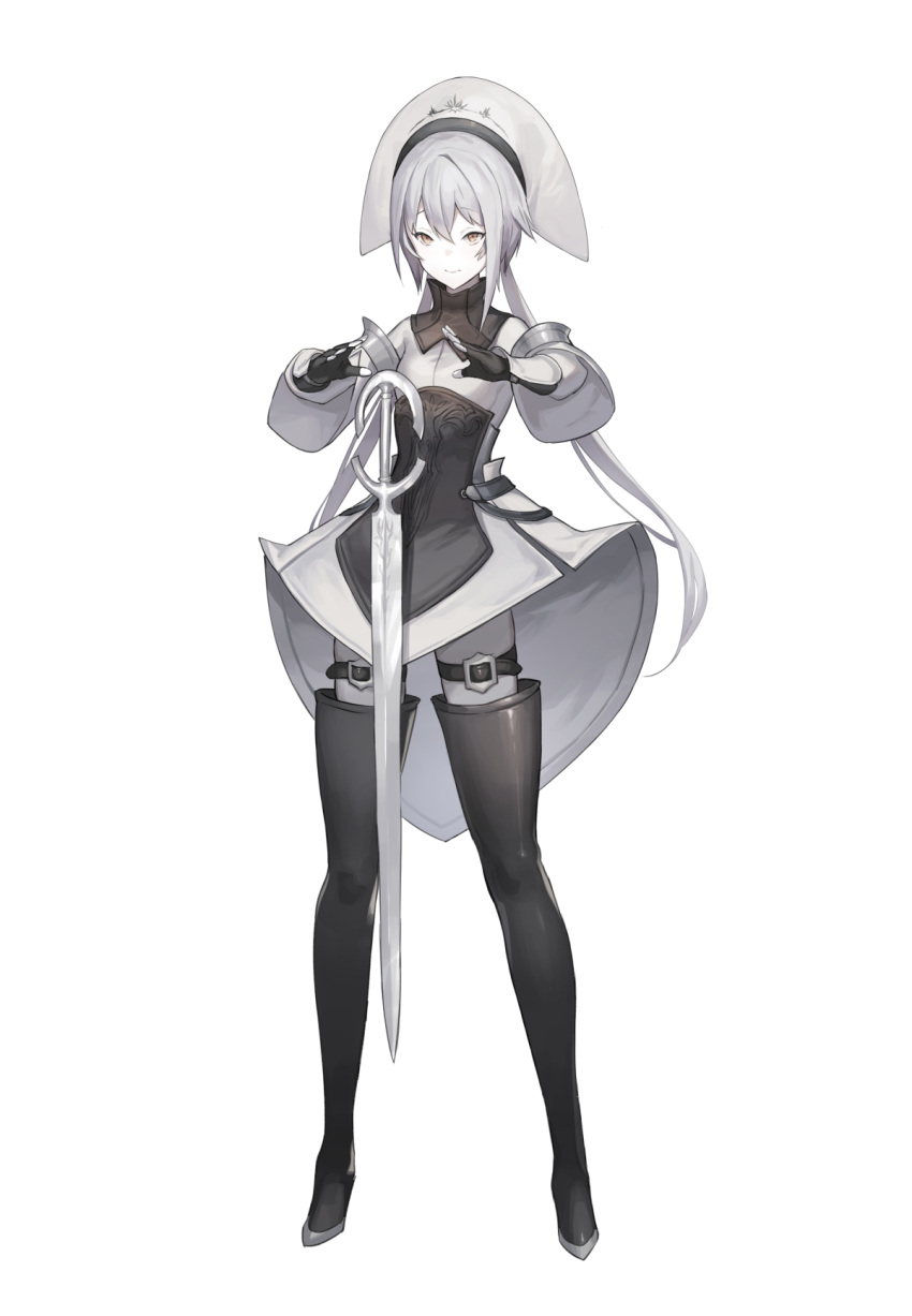 boots breasts commentary_request dress female floating floating_object floating_weapon full_body grey_dress grey_hair highres km_yama long_hair long_legs looking_at_viewer medieval original pale_skin small_breasts solo standing sword thigh_boots thighhighs weapon white_background yellow_eyes