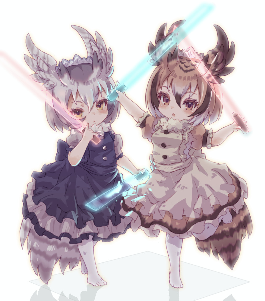 2girls beat_saber brown_hair commentary_request eurasian_eagle_owl_(kemono_friends) glowstick gradient_hair grey_hair highres kemono_friends kolshica looking_at_viewer multicolored_hair multiple_girls northern_white-faced_owl_(kemono_friends) pantyhose parted_lips puffy_short_sleeves puffy_sleeves short_hair short_sleeves white_hair white_legwear