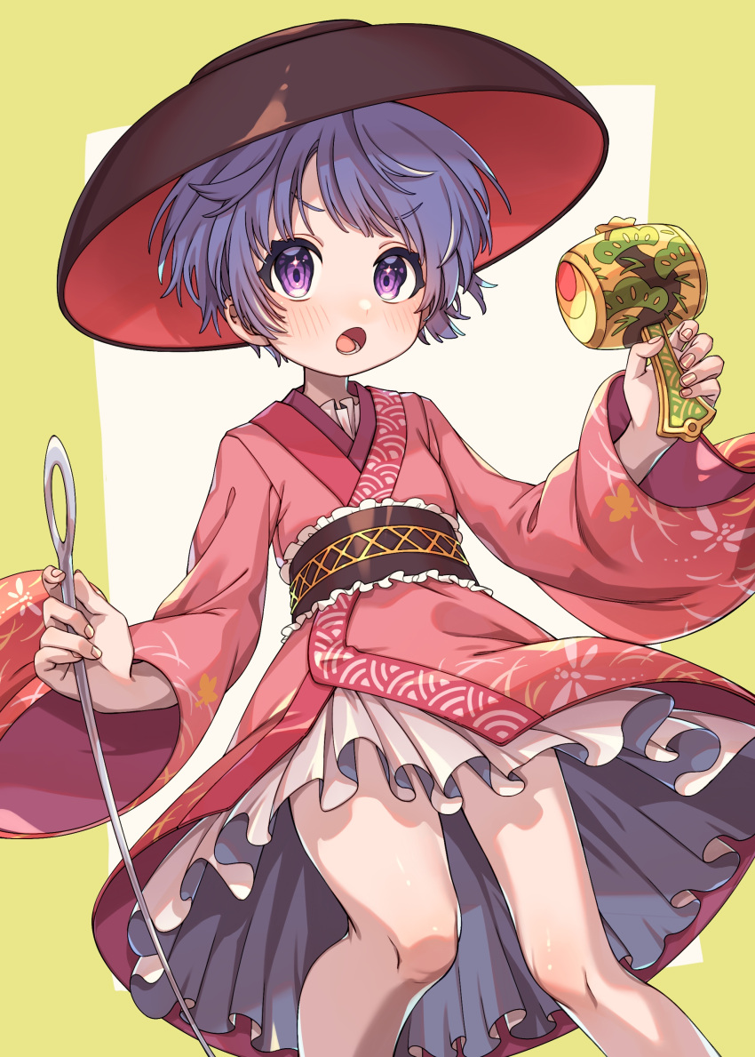 :o absurdres bare_legs blush bowl bowl_hat e_sdss feet_out_of_frame female fingernails flat_chest frills hat highres holding holding_mallet holding_needle japanese_clothes kimono looking_at_viewer lower_teeth_only mallet miracle_mallet needle open_mouth petite pink_kimono purple_eyes purple_hair simple_background solo sukuna_shinmyoumaru teeth touhou v-shaped_eyebrows white_background