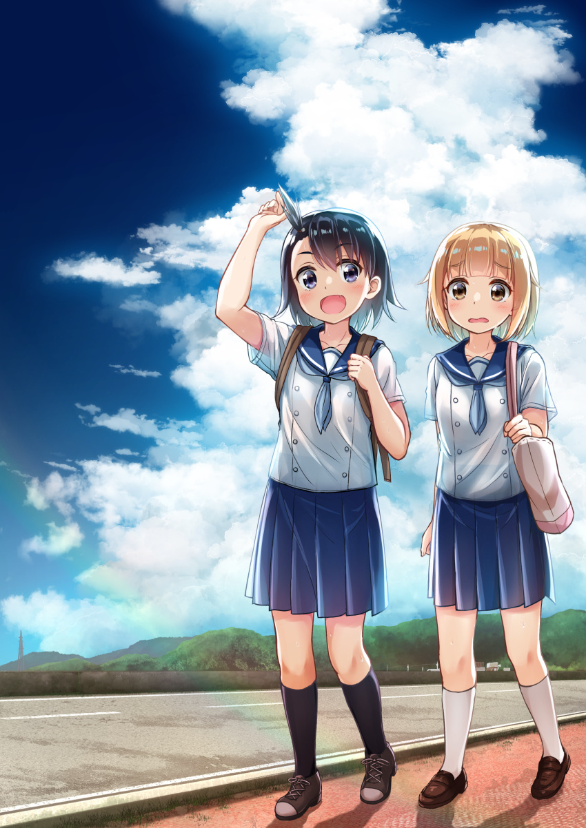 2girls :d backpack bag black_hair black_legwear blue_eyes blue_neckwear blue_sailor_collar blue_skirt blue_sky blunt_bangs brown_eyes brown_footwear brown_hair building cloud commentary_request day highres hodaka_natsumi houkago_teibou_nisshi kneehighs mountainous_horizon multiple_girls open_mouth outdoors pleated_skirt radio_tower road sailor_collar school_uniform serafuku shirt shoes short_hair shoulder_bag sidelocks sidewalk skirt sky smile sneakers socks summer tsurugi_hina uneune walking wavy_mouth white_legwear white_shirt