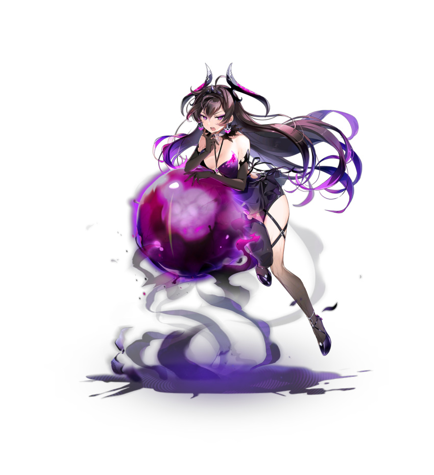 artist_request breasts brown_hair diadem dress earrings elbow_gloves epic_seven female floating gloves highres jewelry long_hair magic medium_breasts official_art open_mouth purple_dress purple_eyes shoes single_thighhigh solo specter_tenebria_(dark_tyrant)_(epic_seven) specter_tenebria_(epic_seven) tenebria_(epic_seven) thighhighs third-party_source transparent_background v-shaped_eyebrows