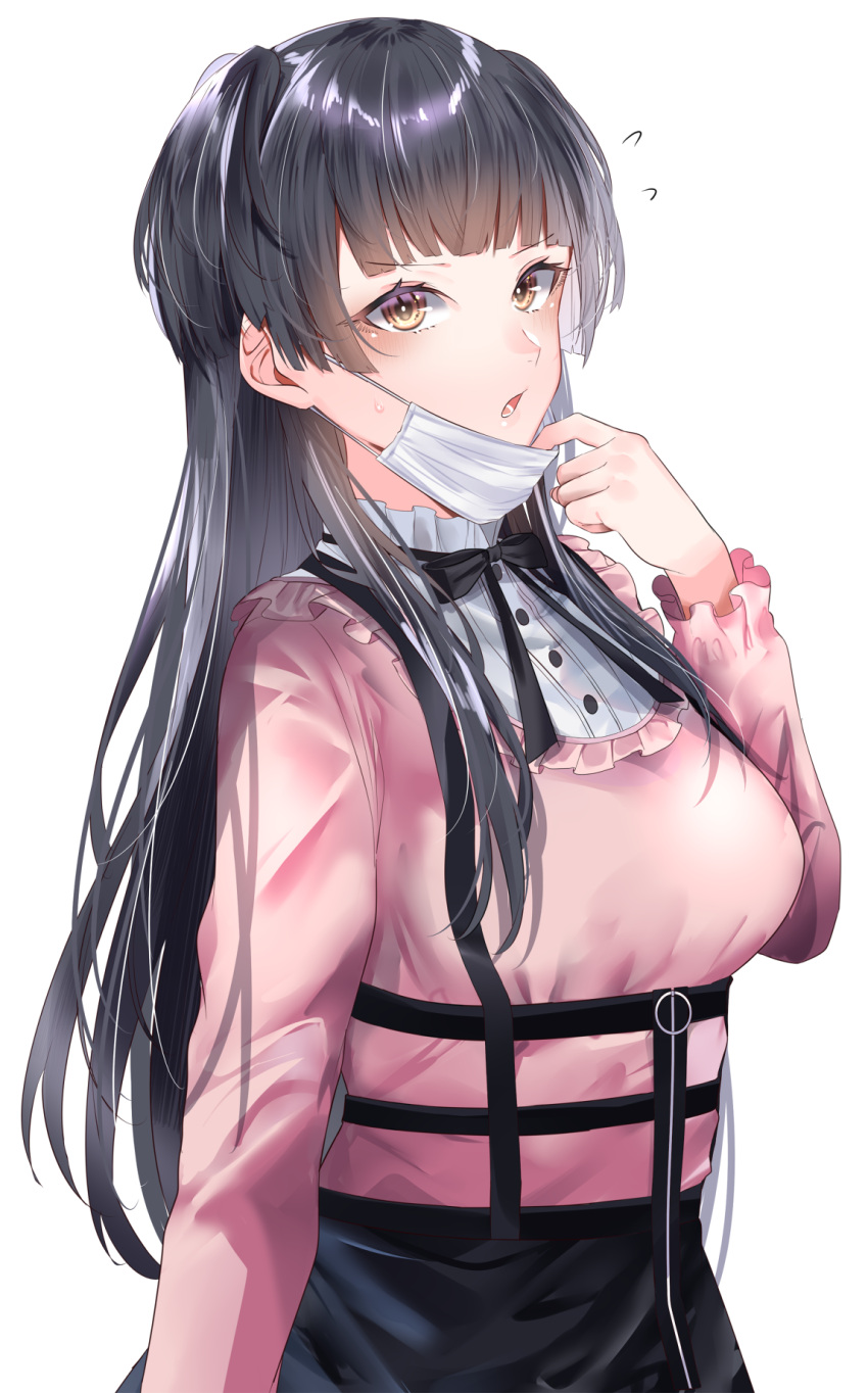 black_hair blush breasts brown_eyes female highres idolmaster idolmaster_shiny_colors jirai_kei large_breasts long_hair long_sleeves looking_at_viewer mask mask_pull mayuzumi_fuyuko mouth_mask onineko-chan parted_lips pink_shirt shirt simple_background solo upper_body white_background