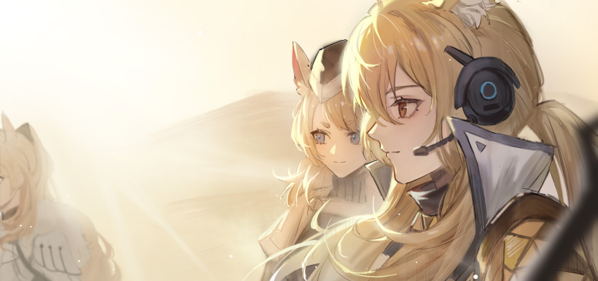 3girls absurdres animal_ear_fluff animal_ears arknights armor aunt_and_niece backlighting bilibilida black_headwear blemishine_(arknights) blonde_hair blue_eyes brown_eyes chinese_commentary closed_mouth commentary day garrison_cap hair_between_eyes hat headset highres horse_ears long_hair multiple_girls nearl_(arknights) nearl_the_radiant_knight_(arknights) official_alternate_costume outdoors ponytail profile siblings sisters smile sunlight swept_bangs upper_body whislash_(arknights)