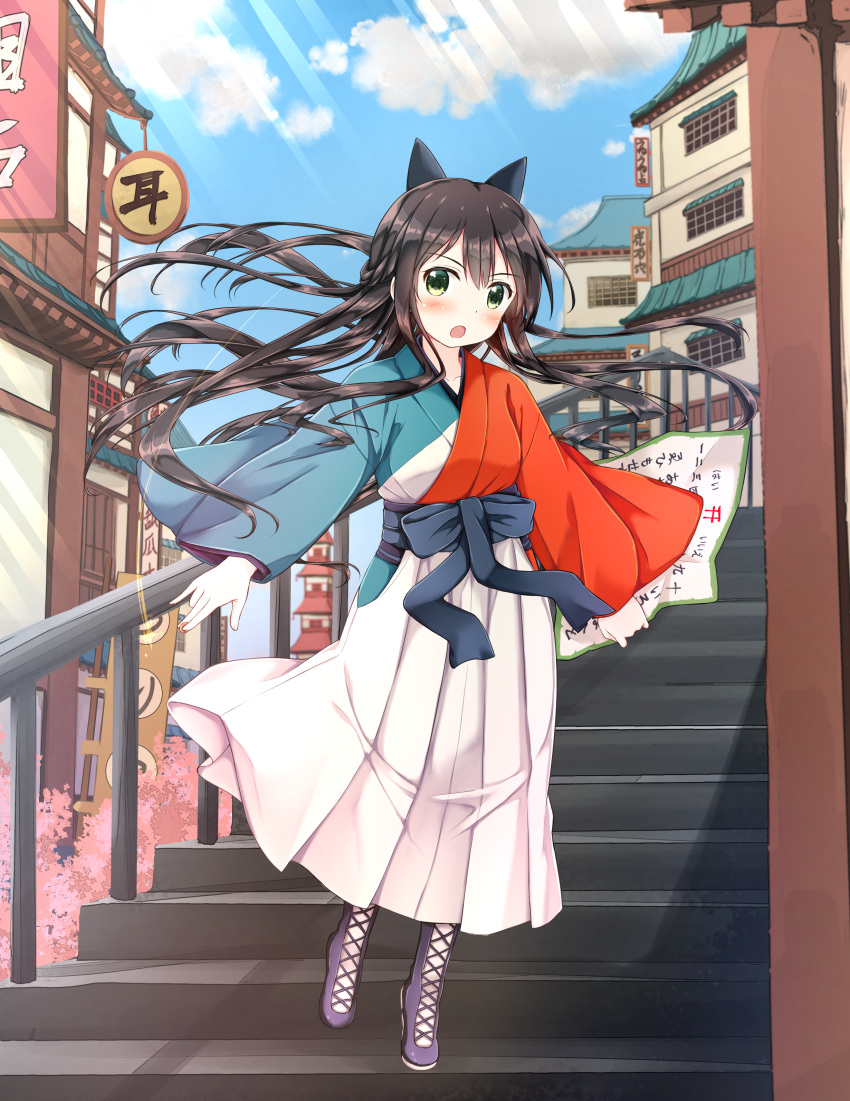 absurdres black_bow black_hair blush bow cloud commentary_request day female floating_hair full_body green_eyes hairbow hakama hakama_skirt highres japanese_clothes kimono long_hair looking_at_viewer open_mouth outdoors skirt sky solo stairs standing tatsumi_kon uneune urara_meirochou very_long_hair