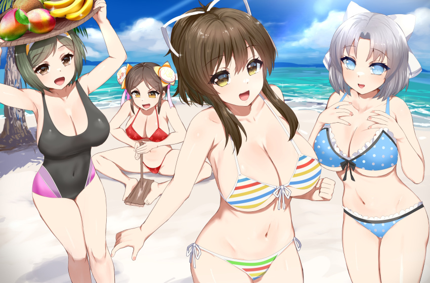 4girls absurdres asuka_(senran_kagura) banana baozi_hair_ornament beach bikini black_one-piece_swimsuit blue_bikini blue_eyes bob_cut bow breasts brown_eyes cleavage cloud cloudy_sky coconut coconut_tree collarbone commentary_request dappled_sunlight day double_bun firestarter floral_print food fruit hair_bun hair_ribbon hairband hairbow hands_on_own_chest highres holding holding_stick holding_tray kusaka_souji large_breasts linea_alba looking_at_viewer mai_(senran_kagura) mango medium_hair meimei_(senran_kagura) multicolored_clothes multicolored_swimsuit multiple_girls navel ocean one-piece_swimsuit palm_tree pink_one-piece_swimsuit polka_dot polka_dot_bikini ponytail purple_one-piece_swimsuit red_bikini ribbon sand senran_kagura senran_kagura_estival_versus senran_kagura_new_wave senran_kagura_shinovi_versus short_hair sky sparkle standing stick striped_bikini striped_clothes sunlight swimsuit tray tree underboob water waves yellow_eyes yumi_(senran_kagura)