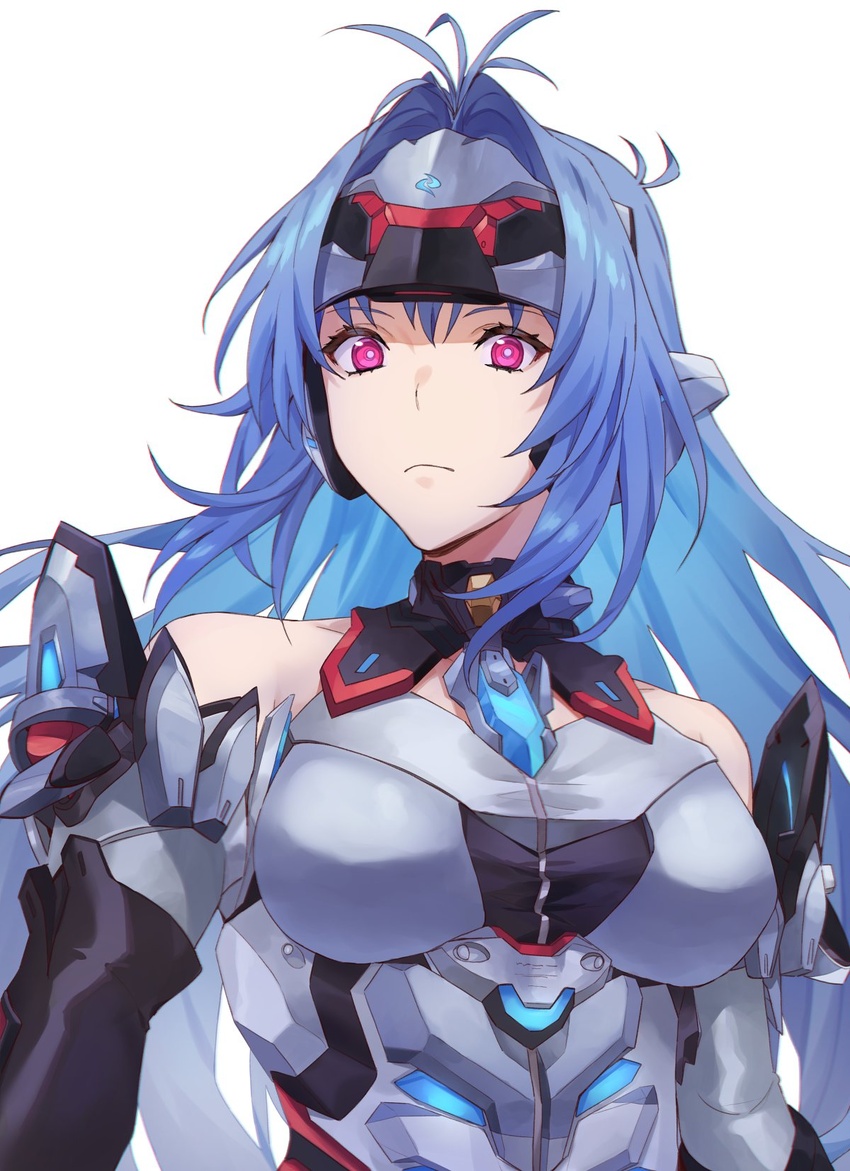 android bare_shoulders blue_hair breasts expressionless female forehead_protector gloves highres kamu_(kamuuei) kos-mos kos-mos_re: long_hair looking_at_viewer pink_eyes simple_background solo very_long_hair xenoblade_chronicles_(series) xenoblade_chronicles_2 xenosaga