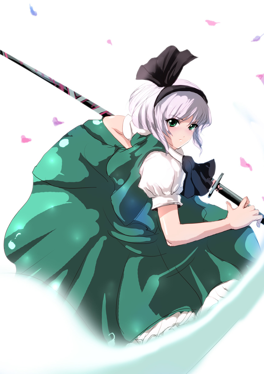 ascot commentary_request female green_eyes grey_hair hair_ribbon highres katana konpaku_youmu konpaku_youmu_(ghost) light_frown looking_at_viewer petals photoshop_(medium) puffy_short_sleeves puffy_sleeves ribbon s20k00y sheath sheathed short_hair short_sleeves simple_background skirt skirt_set solo sword touhou weapon white_background