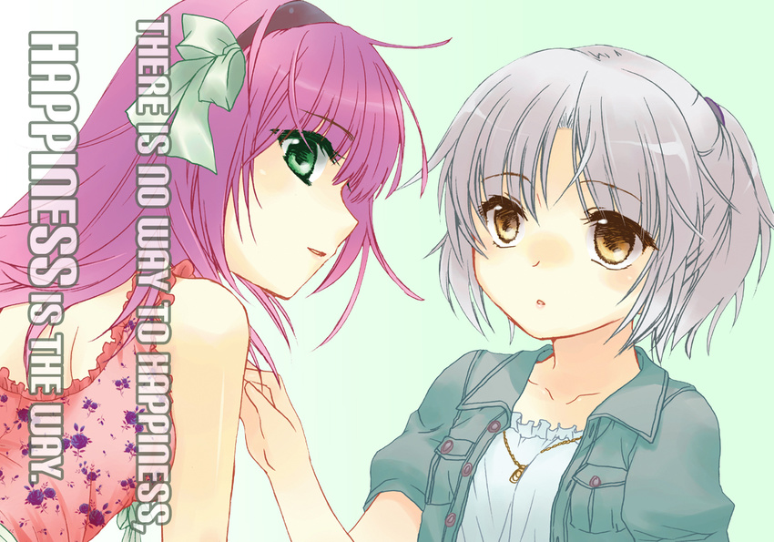 2girls angel_beats! bad_id bad_pixiv_id brown_eyes casual green_eyes grey_hair kanae_funwa multiple_girls nakamura_yuri photoshop_(medium) purple_hair short_hair tachibana_kanade